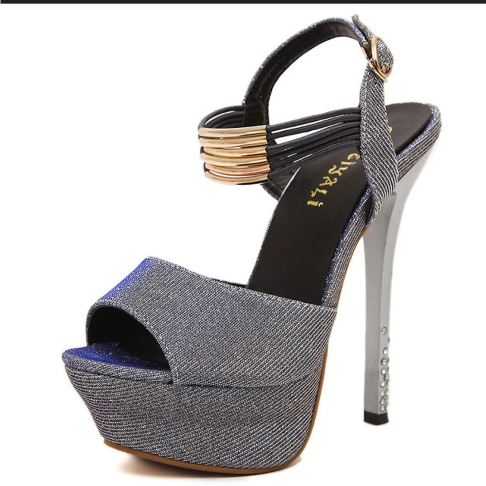 Blue Platform Heels with Gold Sparkles and Rhinestones